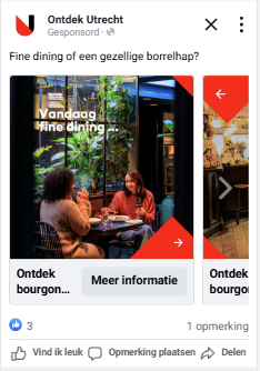 Facebook posts met van de campagne "Neem je tijd" via het platform Ontdek Utrecht. Op de achtergrond zie je mensen in een restaurant zitten.