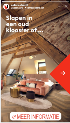 Instagram story met van de campagne "Neem je tijd" via het platform Ontdek Utrecht. Op de afbeelding zie je een woonkamer met de witte tekst "Slapen in een oud klooster of ...".