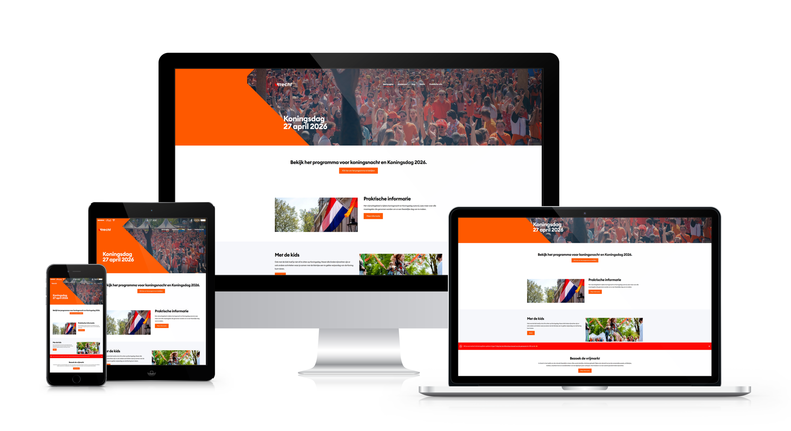 Foto van een laptop, telefoon tablet en desktop waarbij de website koningsdaginutrecht.nl te zien is.