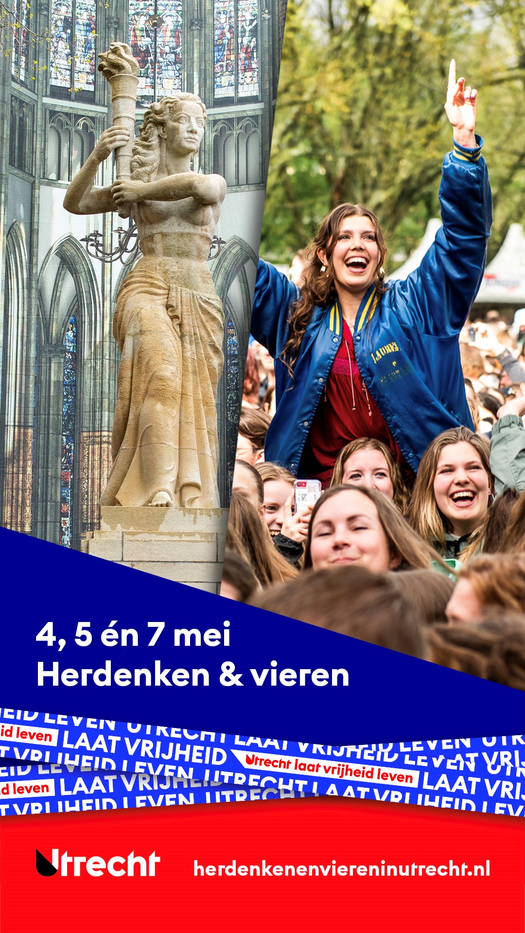 Poster met de tekst "4,5 én 7 mei Herdenken & vieren". 